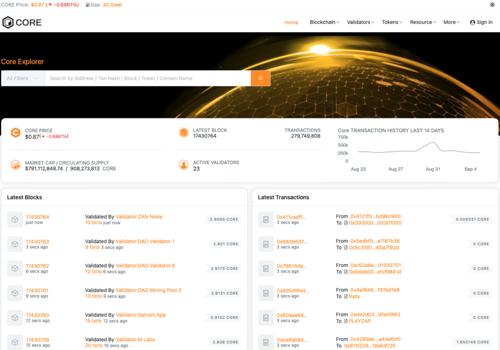 Core blockchain explorer